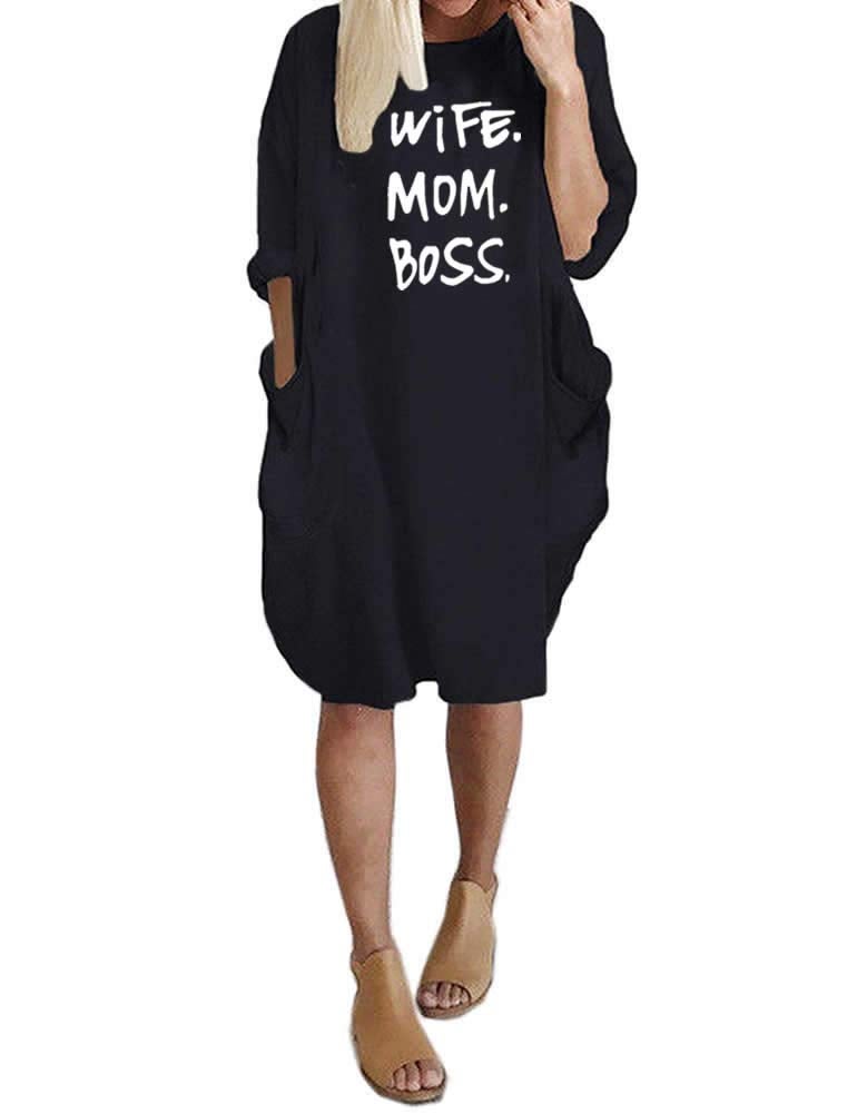 Rfecccy Womenâ€™s Wife Mom Boss Tunic Dress Long Sleeve Oversize Baggy Causal Loose Dress with Big Pockets Black - Image 1
